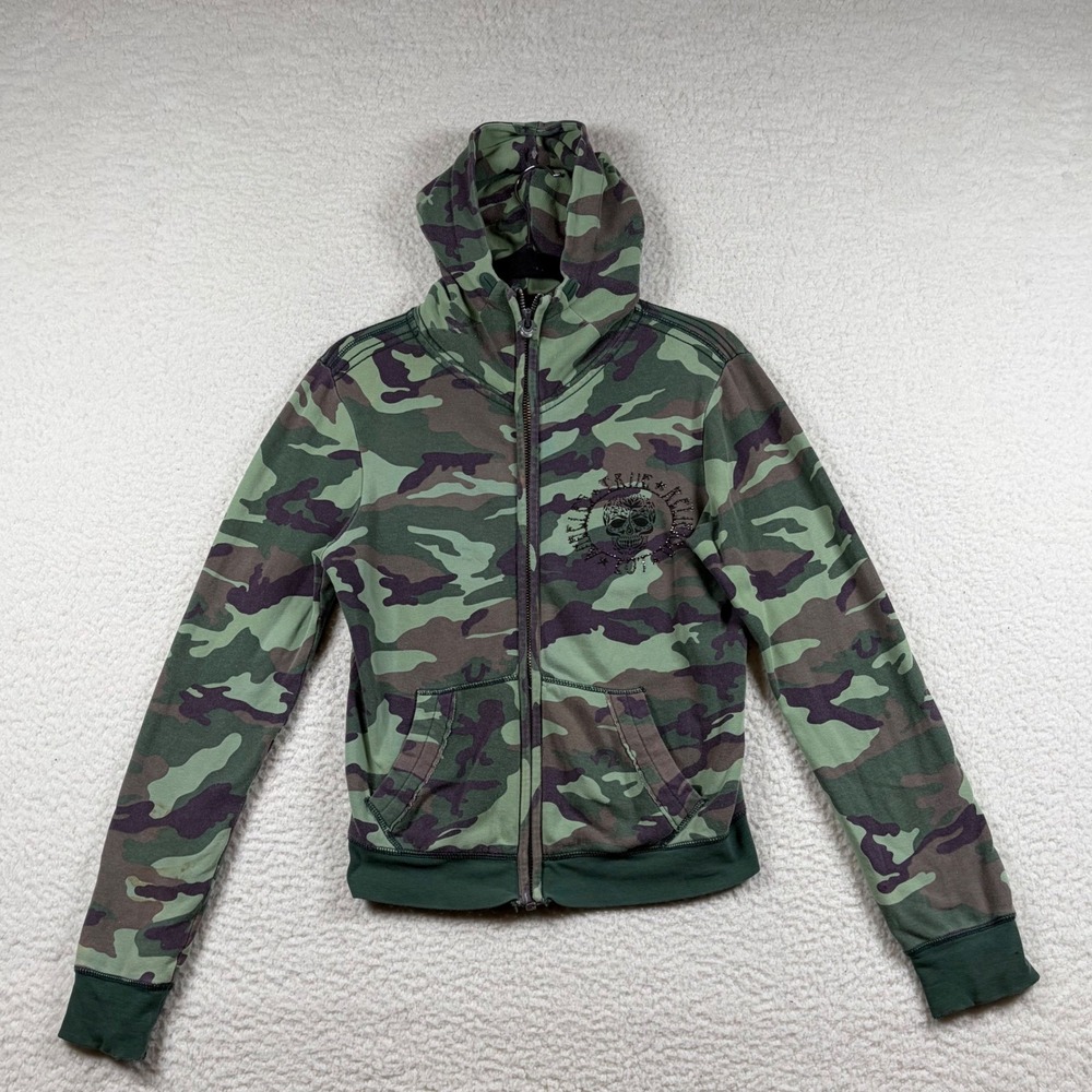 True Religion Hoodie Womens Camo Rhinestone Skull Zip Sweatshirt S Y2K Goth